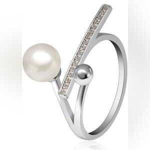 Elegant Unique Statement Simulated Pearl Wedding Band Crystal Silver Plated Ring